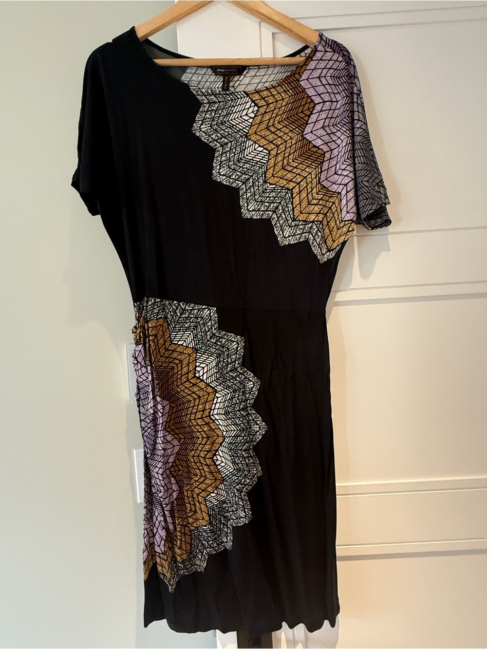 BCBGMaxAzria Black Dress with Gold and Lavender Zigzag Panels